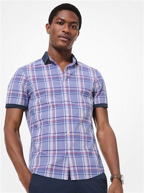 michael kors mens slim-fit plaid cotton short-sleeve shirt|Michael Kors men's stretch shirt.